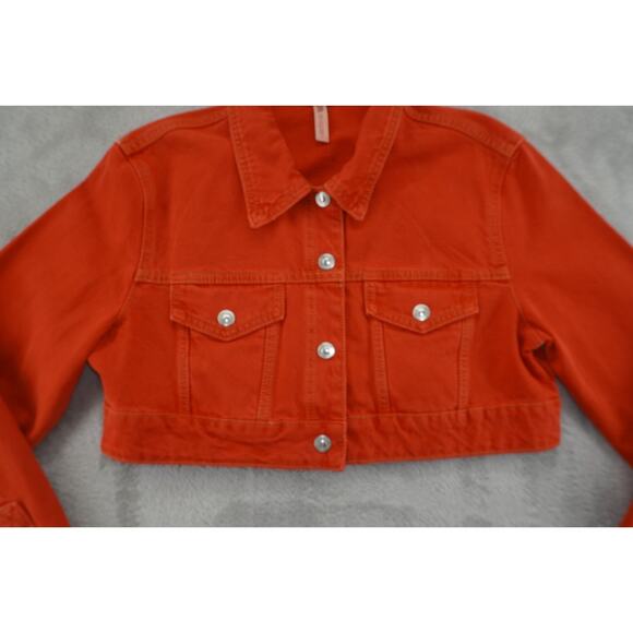 ZARA red Orange Cropped Denim Jacket Women’s Size Large Button Front Long Sleeve - Picture 4 of 7
